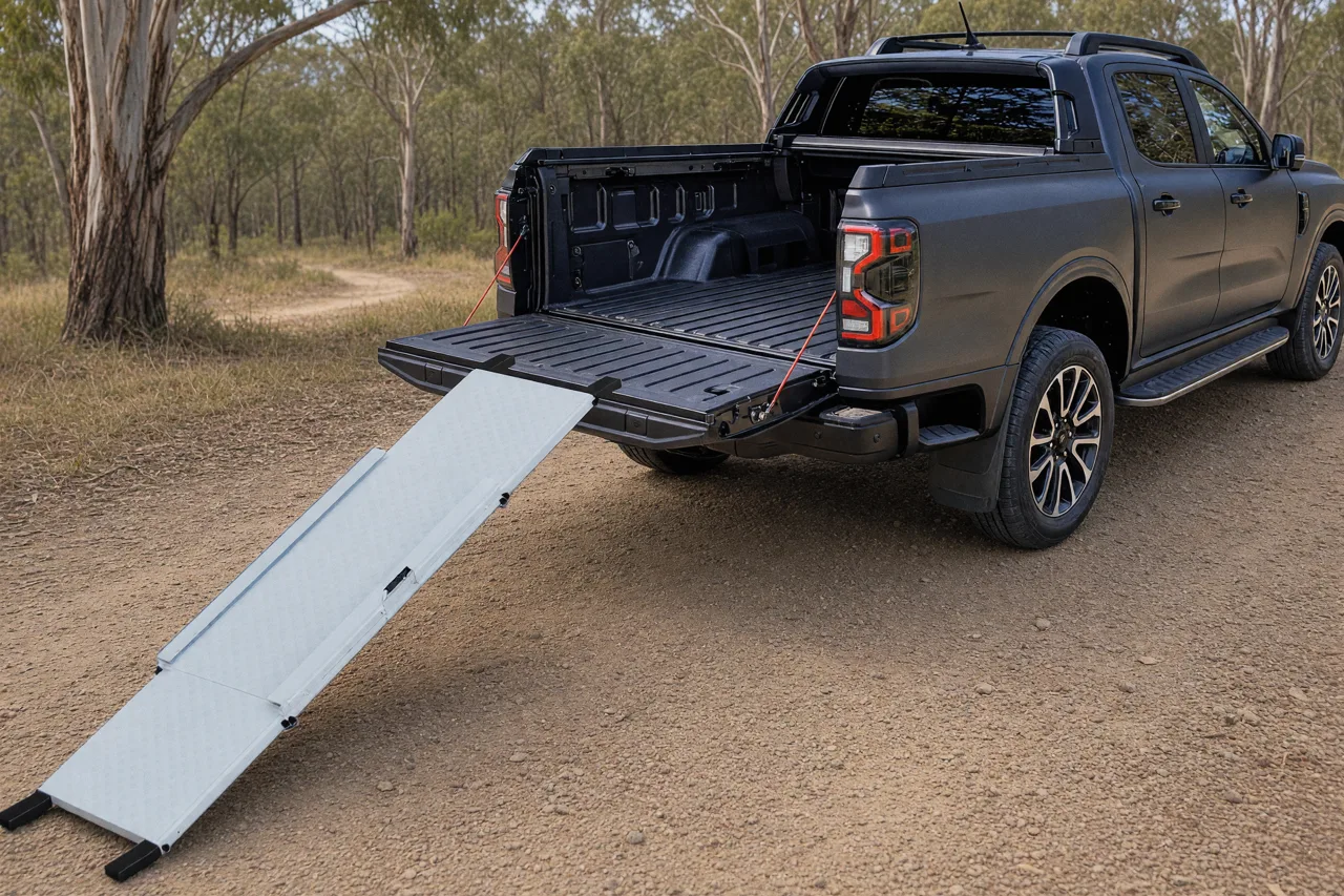 Draytz Origami ramp reaching from the ground to a Ford Ranger tailgate. Render (AI assisted).