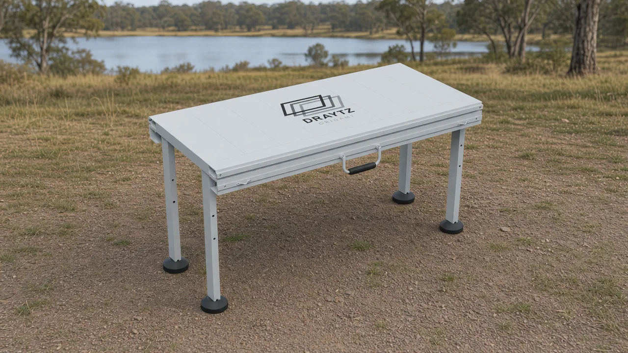 Draytz Origami set up as a freestanding table beside a lake. Render (AI assisted).